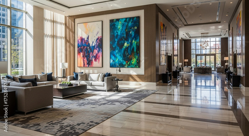 Elegant modern hotel lobby with vibrant abstract art, luxurious seating, and natural light creating a welcoming, sophisticated atmosphere for guests.