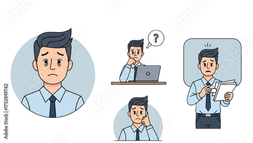 Illustration of a worried businessman in different situations and emotions