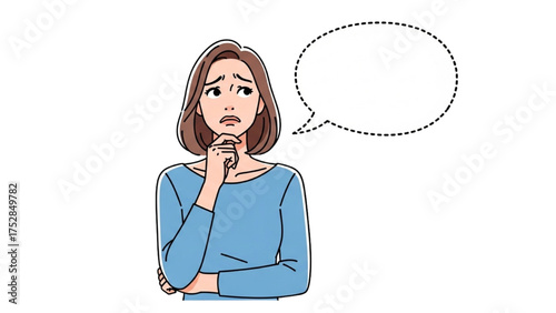 Illustration of an anxious young woman with a troubled expression and a blank speech bubble