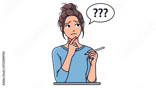 A thoughtful cartoon woman with a pen, looking up with a confused and pensive expression