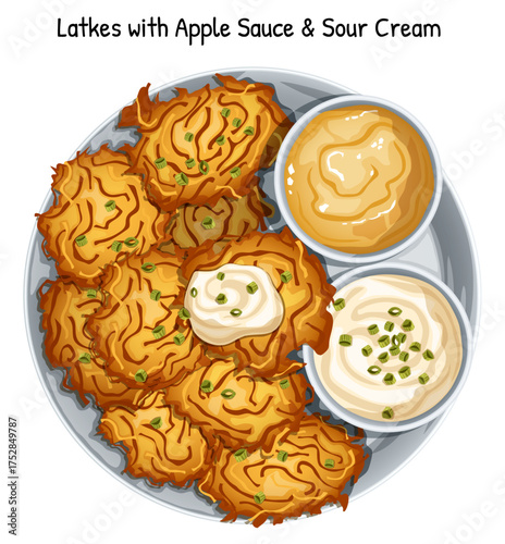 Latkes with Apple Sauce and Sour Cream Platter - Hanukkah Fried Potato Pancakes Top View Illustration