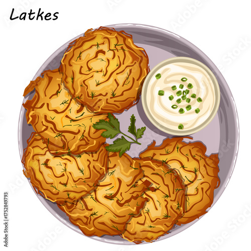 Latkes Platter with Sour Cream, Chives and Parsley - Jewish Hanukkah Fried Potato Pancakes Top View Illustration