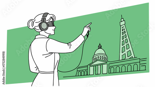 Blindfolded Woman with Headphones Exploring City Landmarks. Immersive Audio Tour for Travel, Accessibility, and Digital Experience Technology Illustration.