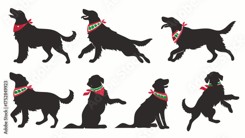 Black Labrador Dog Silhouettes with Festive Christmas Bandanas. Dynamic Pet Graphics for Holiday Marketing and Web Design.