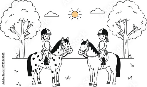 Two children in riding helmets happily sitting on horseback outdoors under a sunny sky.