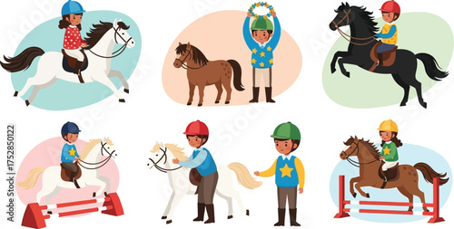 Children enjoy learning to ride horses and ponies with instructors in a fun outdoor setting.