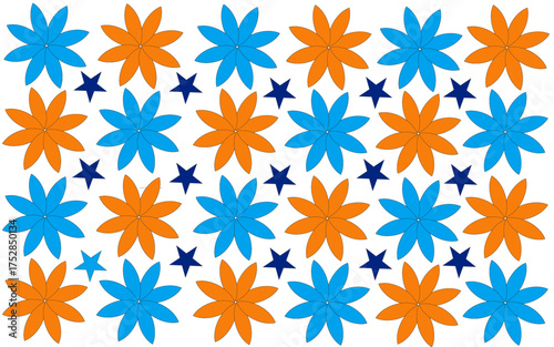 Illustration of a seamless pattern featuring orange and blue flowers arranged neatly over a white background, with small dark blue stars in between. The design is bright and cheerful, ideal for use in
