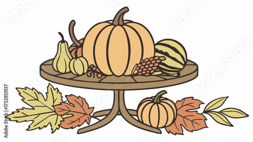Autumn Harvest Table Decoration Illustration with Pumpkins Gourds Corn and Fall Leaves for Thanksgiving Holiday and Seasonal Marketing