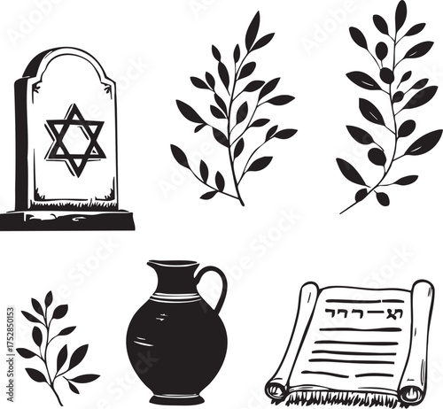 Jewish symbolism vector set—black-and-white silhouettes of gravestone, Hebrew scroll, leafy branches, and ceremonial jug