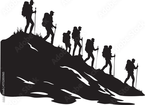 Hiking silhouette vector—black-and-white illustration of six hikers ascending rugged terrain with backpacks and walking sticks