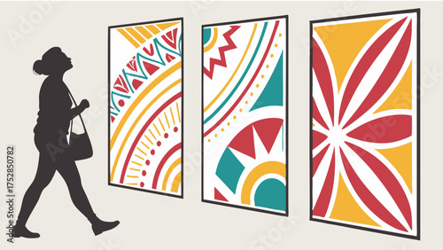 Woman Silhouette Walking Through Art Gallery Viewing Vibrant Abstract Geometric Paintings Modern Exhibition Wall Art Cultural Inspiration