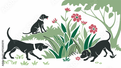 Playful Black Dogs Exploring Garden Flowers And Greenery Charming Illustration For Pet Care Nature And Kids Content