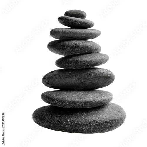 Stacked smooth grey river stones balanced precariously against a black background rock
