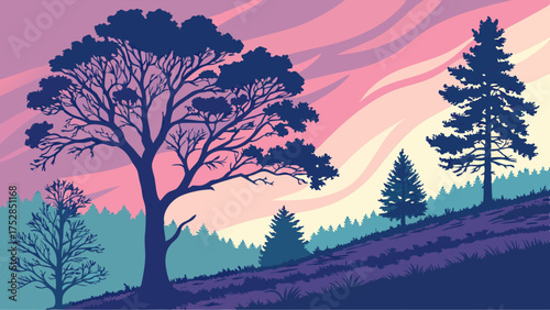 Tranquil Flat Design Landscape with Silhouette Trees Rolling Hills and Pink Purple Sunset Sky for Web Backgrounds and Digital Art