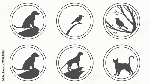 Animal Silhouettes Icons Set Pet Care Veterinary Branding Wildlife Conservation Web App Logos Minimalist Graphic Design Elements Dogs Birds Cat