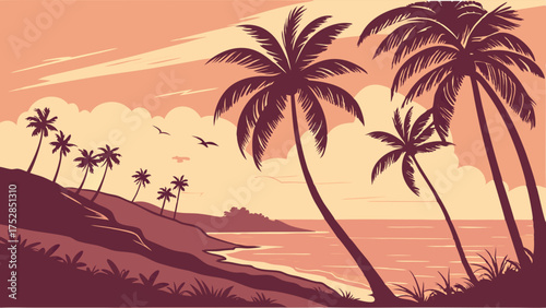 Relaxing Tropical Beach Sunset with Palm Trees. Serene Coastal Landscape for Summer Vacation Travel, Tourism Advertising, and Web Design.