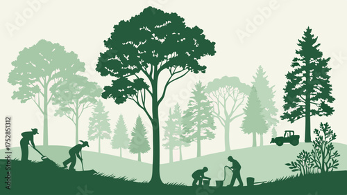 Tree Planting Volunteers Restoring Forest for Environmental Sustainability. Community Team Working on Reforestation and Green Climate Initiatives.