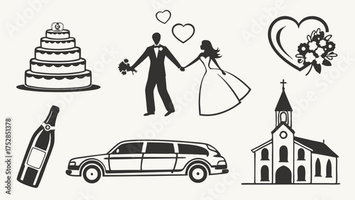Wedding Planning Silhouette Vector Icons Set Bride Groom Cake Church Limousine Champagne. Romantic Celebration Elements for Invitations, Event Design.