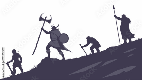 Ambitious Business Team Silhouettes Climbing Hill for Success Leadership and Overcoming Corporate Challenges