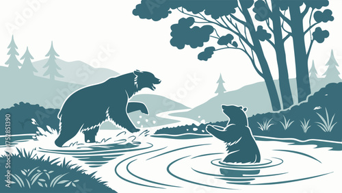 Dynamic Bear and Cub in River Graphic. Wilderness Wildlife Scene for Nature Conservation, Outdoor Adventure, and Environmental Education.