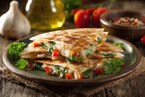 Delicious vegetable quesadillas filled with melted cheese and fresh vegetables served on a rustic plate with garlic, tomatoes, and spices in the background