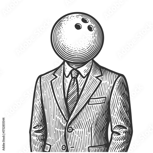 man wearing a formal suit with a bowling ball for a head, symbolizing sports, humor, and surreal creativity sketch engraving generative ai vector illustration. Scratch board. Black and white image.