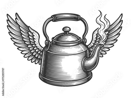 teapot with wings and steam sketch engraving generative ai fictional character vector illustration. Scratch board imitation. Black and white image.