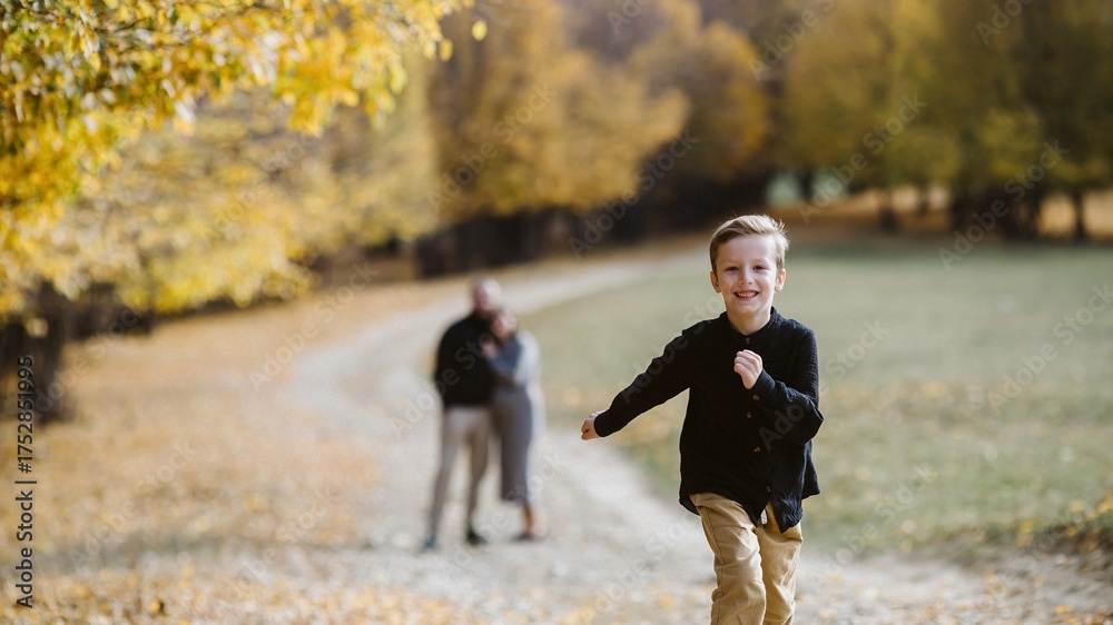 Fototapeta premium Happy boy running in autumn park with expecting parents