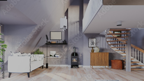 3d rendering interior of a modern loft apartment with a white sofa and wood burning stove. Contemporary living room with a wooden staircase and minimalist furniture. Home decor and real estate concept