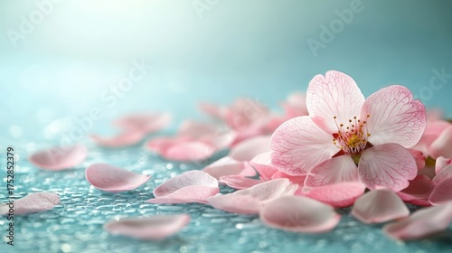 Delicate pink cherry blossom and petals on a shimmering surface.