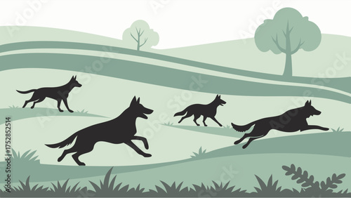 Wild Dog Pack Silhouettes Running Energetically Through Green Rolling Hills Outdoor Nature Adventure and Freedom