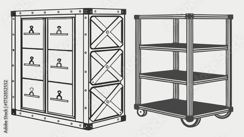 Modern Industrial Storage Locker and Mobile Utility Cart Vector Illustration for Logistics, Warehouse, and Office Organization