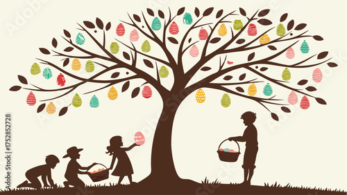 Happy Children on Easter Egg Hunt Collecting Colorful Eggs from Spring Tree Silhouette for Family Holiday Celebration and Marketing