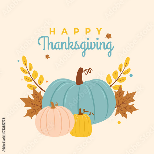 Happy Thanksgiving Pumpkins and Autumn Leaves Illustration
