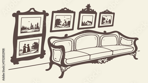Elegant Vintage Living Room Interior with Ornate Sofa and Framed Wall Art Hand Drawn Monochrome Illustration for Classic Home Decor and Interior Design