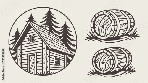 Vintage Hand Drawn Rustic Log Cabin and Oak Barrels for Craft Beer Whiskey Distillery Branding Labels Packaging.
