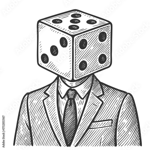 man in a suit with a dice for a head, symbolizing luck, chance, and risk in business or life sketch engraving generative ai vector illustration. Scratch board imitation. Black and white image.