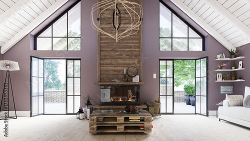 3d rendering interior of a modern rustic living room with a fireplace. Spacious home with a high vaulted ceiling and pallet furniture. Cozy scandinavian style home decor