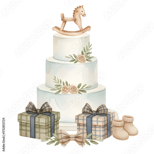 Three Tier Watercolor Cake With Rocking Horse Topper And Gifts And Baby Booties