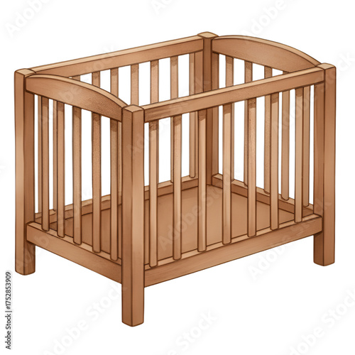 Wooden Baby Crib Bassinet Isolated on Transparent Background Neutral Tones Smooth Wood Texture