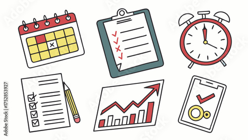 Hand Drawn Productivity Icons for Business Planning and Time Management. Calendar, Checklist, Alarm Clock, Progress Chart, Goal Setting, Task Management.