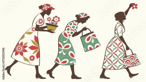 Three Black Women Walking with Shopping Bags and Flowers. Retro Illustration of Diverse Community Lifestyle, Spring Activities, and Retail Themes.