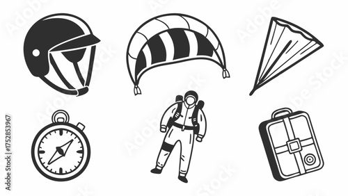 Skydiving Equipment Icons Set with Helmet Parachute Compass Skydiver for Extreme Sports Outdoor Adventure Travel Design