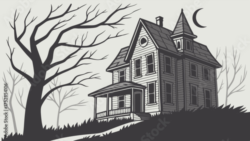Spooky Haunted House Illustration for Halloween Party Invitations, Horror Book Covers, and Web Design. Eerie Victorian Mansion on Hill at Night