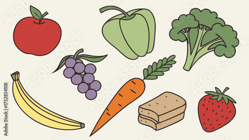Clean Flat Design Illustration of Fresh Fruits Vegetables and Grains for Healthy Eating Nutrition and Wellness