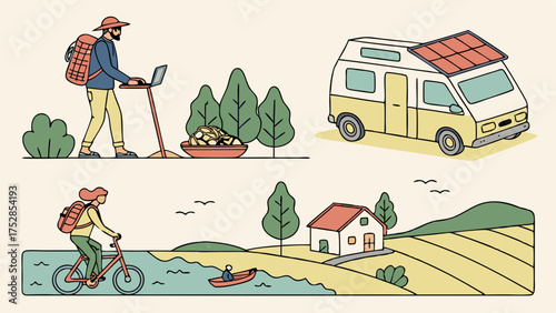 Freedom Of Sustainable Living Digital Nomads Working Remotely Travelers Exploring Nature By Van Cycling And Hiking Outdoors