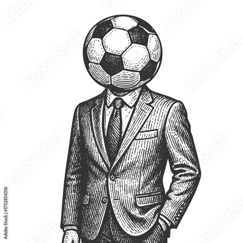 man wearing a formal suit with a soccer ball for a head, blending surrealism with sports and business themes sketch engraving generative ai vector illustration. Scratch board. Black and white image.
