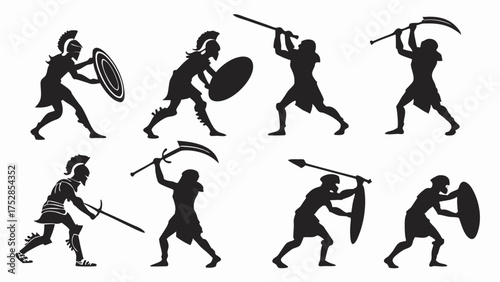 Ancient Warriors And Gladiators Fighting In Battle Silhouettes With Swords Shields Spears For Power And Strategy