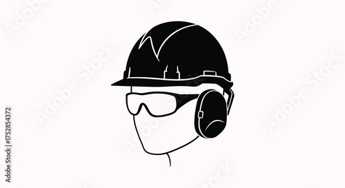 Essential personal protective equipment icon featuring a hard hat, safety glasses, and ear protection, symbolizing workplace safety regulations, occupational health, industrial hazard prevention, and 