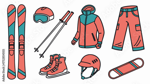 Winter Sports Gear Illustration Skiing Snowboarding Ice Skating Equipment for Active Outdoor Recreation Fun Adventure Travel and Holiday Season Activities